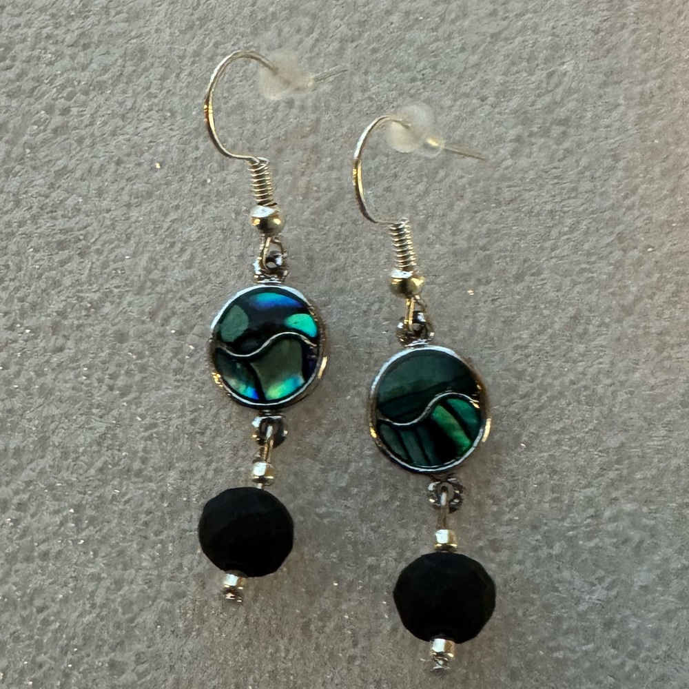 Elegant Abalone & Matte Black Faceted Bead Dangle Earrings